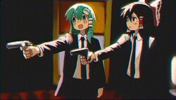 Rule 34 | 2girls, black jacket, black necktie, black pants, bow, brown hair, chromatic aberration, cosplay, formal, frog hair ornament, green hair, gun, hair bow, hair ornament, hakurei reimu, handgun, jacket, jules winnfield, jules winnfield (cosplay), kochiya sanae, looking at another, multiple girls, necktie, nyztsune, open clothes, open jacket, pants, pulp fiction, red bow, scene reference, shirt, suit, touhou, vhs artifacts, vincent vega, vincent vega (cosplay), weapon, white shirt