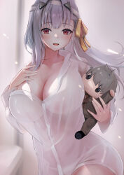 Rule 34 | 1girl, 462vvv, :d, absurdres, bandaged head, bandages, blush, breasts, character doll, cleavage, commander (nikke), goddess of victory: nikke, grey hair, hair ribbon, hand on own chest, highres, large breasts, long hair, modernia (first affection) (nikke), modernia (nikke), no bra, no nipples, off-shoulder shirt, off shoulder, official alternate costume, open mouth, red eyes, ribbon, see-through, see-through shirt, shirt, sidelocks, smile, solo, white shirt, yellow ribbon