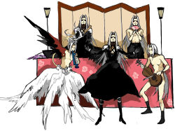 Rule 34 | 00s, 1990s (style), 5boys, alternate form, angel, final fantasy, final fantasy vii, final fantasy vii advent children, hand fan, hina ningyou, hinadan, instrument, multiple boys, multiple persona, multiple wings, retro artstyle, ritual baton, safer sephiroth, sephiroth, seraph, silver hair, starshadowmagician, what, wings