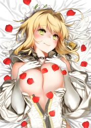 Rule 34 | 10s, 92m, ahoge, bare shoulders, belt, blonde hair, blush, breasts, breasts out, bridal veil, center opening, chain, detached collar, detached sleeves, elbow gloves, fate/extra, fate/extra ccc, fate (series), full-length zipper, gloves, green eyes, hair intakes, hands on own chest, head wreath, highleg, highleg leotard, highres, large breasts, leotard, leotard pull, lock, lying, nero claudius (bride) (fate), nero claudius (bride) (second ascension) (fate), nero claudius (fate), nero claudius (fate) (all), on back, padlock, petals, rose petals, smile, solo, veil, white gloves, white leotard, wide sleeves, zipper, zipper pull tab