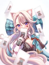 Rule 34 | 1girl, absurdres, animal ears, artist name, bow, braid, breasts, card, cat ears, cat tail, choukoillust, cleavage, commentary, covered mouth, facial tattoo, frills, genshin impact, gloves, hair bow, highres, holding, holding card, light brown hair, long hair, looking at viewer, lynette (genshin impact), medium breasts, purple eyes, simple background, solo, tail, tattoo, upper body, white background