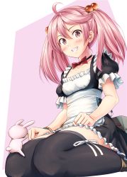 Rule 34 | 10s, 1girl, ahoge, alternate costume, apron, bell, black dress, black thighhighs, blush, breasts, collarbone, commentary request, detached collar, dress, enmaided, frilled sleeves, frills, grin, hair bell, hair bobbles, hair ornament, ichikawa feesu, kantai collection, long hair, looking at viewer, maid, maid day, pink eyes, pink hair, puffy short sleeves, puffy sleeves, rabbit, sazanami (kancolle), short dress, short hair, short sleeves, sitting, small breasts, smile, solo, thighhighs, thighs, twintails, waist apron, wariza