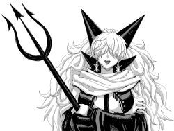 Rule 34 | 1girl, breasts, candle, cloak, crossed arms, earrings, greyscale, hair over eyes, horns, impel down, jaggy lines, jewelry, large breasts, long hair, minarai, monochrome, one piece, polearm, sadi-chan, solo, spear, tongue, trident, very long hair, weapon