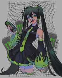 Rule 34 | 1girl, :d, absurdres, ahegao, black hair, black skirt, detached sleeves, drink, fangs, green eyes, green nails, hair between eyes, hatsune miku, highres, holding, holding drink, long hair, looking at viewer, messy hair, monster energy, nail polish, open mouth, pleated skirt, raised eyebrow, sainttufa, skirt, sleeveless, smile, solo, thighhighs, twintails, vocaloid