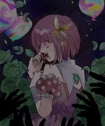 Rule 34 | 1girl, ababuababeababa, bad id, bad twitter id, balloon, blood, disembodied limb, flower, green flower, green rose, hair ornament, highres, hitobashira alice (vocaloid), nosebleed, ootori emu, pink eyes, pink hair, project sekai, rose, short hair, solo, vocaloid