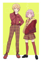 Rule 34 | 1boy, 1girl, alternate costume, belt, black footwear, black outline, blonde hair, blunt bangs, blush stickers, border, brown pants, brown shorts, casual, closed mouth, cloud background, collared shirt, dot nose, drawstring, dress shirt, flat chest, full body, grin, hair between eyes, hand in pocket, hand on own chin, hand on own hip, hand up, height difference, highres, hood, hood down, hooded jacket, index finger raised, jacket, legs apart, long sleeves, multicolored shirt, ootori emu, open clothes, open jacket, orange eyes, outline, oxfords, pants, pink eyes, pink hair, plaid, plaid pants, plaid shorts, project sekai, red belt, red footwear, red jacket, red shirt, red thighhighs, shirt, shoes, short hair, shorts, side-by-side, simple background, smile, socks, sparkle background, standing, striped clothes, striped shirt, suyata, tareme, tenma tsukasa, thighhighs, tsurime, v-shaped eyebrows, white border, yellow background, zettai ryouiki, zipper