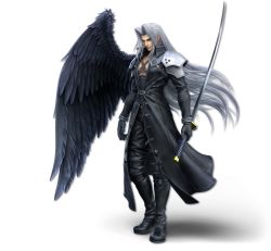 Rule 34 | 1boy, 3d, armor, artist request, black coat, black footwear, black gloves, black pants, blue eyes, boots, closed mouth, coat, collarbone, feathered wings, final fantasy, final fantasy vii, forehead, full body, gloves, grey hair, hair intakes, happy, high collar, highres, holding, holding sword, holding weapon, katana, long hair, long sleeves, looking at viewer, male focus, masamune (ff7), nintendo, official art, pants, sephiroth, shoulder armor, simple background, single wing, smile, solo, square enix, standing, super smash bros., sword, thigh boots, thighhighs, transparent background, trench coat, very long hair, weapon, white background, white hair, wings