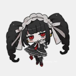 Rule 34 | 1girl, black hair, black jacket, black skirt, black thighhighs, bonnet, celestia ludenberg, chibi, danganronpa: trigger happy havoc, danganronpa (series), drill hair, earrings, frills, gothic lolita, grey background, hand up, highres, jacket, jewelry, layered skirt, lolita fashion, long hair, long sleeves, looking at viewer, necktie, red eyes, red footwear, red necktie, shoes, simple background, skirt, sobamushi mo, solo, thighhighs, twin drills, twintails