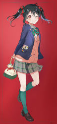 Rule 34 | 1girl, ;), absurdres, arms behind back, black hair, blue jacket, book the star, bow, bowtie, brown footwear, cardigan, closed mouth, collared shirt, dress shirt, floating hair, full body, green bow, green bowtie, green socks, hair between eyes, hair bow, highres, jacket, kneehighs, loafers, long hair, long sleeves, looking at viewer, love live!, love live! school idol project, one eye closed, open clothes, open jacket, otonokizaka school uniform, pink cardigan, red background, red bow, red eyes, school uniform, shirt, shoes, smile, socks, solo, standing, standing on one leg, striped bow, striped bowtie, striped clothes, twintails, white shirt, wing collar, yazawa nico