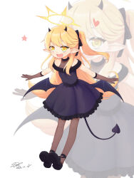 Rule 34 | 1girl, black dress, black footwear, black gloves, black horns, black pantyhose, black tail, black wings, blonde hair, blue archive, blush, chinese commentary, commentary request, dated, demon horns, demon tail, demon wings, dofus (icyboon), dress, full body, gloves, halo, highres, horns, ibuki (blue archive), ibuki (dress) (blue archive), long hair, official alternate costume, open mouth, pantyhose, pointy ears, revision, shoes, side ponytail, signature, simple background, smile, solo, tail, white background, wings, yellow eyes, yellow halo, zoom layer