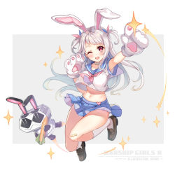 Rule 34 | 1girl, :3, ;d, animal ears, animal hands, bandaid, bandaid on knee, bandaid on leg, blue ribbon, blue sailor collar, blue skirt, blush, breasts, brown footwear, carrot, changchun (warship girls r), closed mouth, copyright name, crop top, gloves, grey background, grey hair, hair ribbon, hasu (velicia), heart, highres, kneehighs, loafers, long hair, medium breasts, midriff, missile, navel, neckerchief, official art, one eye closed, open mouth, outstretched arm, paw gloves, pink neckerchief, pink ribbon, pleated skirt, rabbit ears, red eyes, ribbon, robot, round teeth, sailor collar, school uniform, serafuku, shirt, shoes, skirt, smile, socks, solo, sparkle, teeth, two-tone background, two side up, upper teeth only, very long hair, warship girls r, white background, white gloves, white shirt, white socks