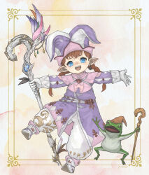 Rule 34 | 1girl, absurdres, baggy pants, blue eyes, braid, brown hair, brown hat, capelet, coat, commission, embroidery, final fantasy, final fantasy xiv, flat chest, frog, full body, gloves, gold trim, hat, highres, holding, holding staff, jester cap, jester costume, jumping, lalafell, mage staff, open mouth, outstretched arms, pants, pink capelet, pointy ears, pointy footwear, puluie, purple coat, smile, solo, spread arms, staff, standing, standing on one leg, teeth, twin braids, upper teeth only, warrior of light (ff14), white footwear, white gloves, white pants