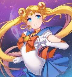 Rule 34 | 10s, 1girl, bishoujo senshi sailor moon, bishoujo senshi sailor moon crystal, blonde hair, blue background, blue eyes, blue sailor collar, blue skirt, bow, brooch, choker, double bun, earrings, elbow gloves, gloves, gradient background, hair bun, hair ornament, hairpin, jewelry, kail, long hair, magical girl, pleated skirt, purple background, red bow, ribbon, sailor collar, sailor moon, skirt, smile, solo, tiara, tsukino usagi, twintails, white gloves