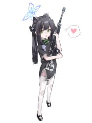 Rule 34 | 1girl, absurdres, animal ear fluff, animal ears, black dress, black footwear, black hair, blue archive, bow, cat ears, china dress, chinese clothes, dress, full body, green bow, green eyes, gun, halo, heart, highres, long hair, looking at viewer, hugging object, parted lips, rifle, scope, shoes, short sleeves, shun (blue archive), shun (small) (blue archive), simple background, sniper rifle, solo, spoken heart, thighhighs, twintails, very long hair, weapon, white background, yigebukanpinduoduoderen