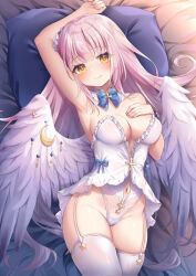 Rule 34 | 1girl, angel wings, arm up, armpits, babydoll, bed sheet, blue archive, blue bow, blue bowtie, blush, bow, bowtie, breasts, cleavage, closed mouth, clothing cutout, collar, crescent, cross, detached collar, feathered wings, frilled babydoll, from above, garter straps, groin, hand on own chest, head on pillow, highleg, highres, long hair, looking at viewer, lying, medium breasts, mika (blue archive), navel cutout, on back, pillow, pink hair, smile, solo, star (symbol), thighhighs, thighs, umou (may65879), very long hair, white babydoll, white collar, white garter straps, white thighhighs, white wings, wing ornament, wings, yellow eyes