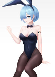Rule 34 | 1girl, absurdres, animal ears, arm strap, bare arms, bare shoulders, black bow, black bowtie, black hairband, black leotard, blue eyes, blue hair, bow, bowtie, breasts, brown pantyhose, cleavage, closed mouth, covered navel, detached collar, dintea, fake animal ears, feet out of frame, hair over one eye, hairband, hand up, highres, invisible chair, large breasts, leotard, pantyhose, playboy bunny, rabbit ears, re:zero kara hajimeru isekai seikatsu, rem (re:zero), short hair, simple background, sitting, smile, solo, strapless, strapless leotard, white background