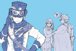 Rule 34 | 1girl, 2boys, ?, ahoge, blue background, blue theme, braid, cape, fate/strange fake, fate (series), gloves, goggles, goggles on headwear, hat, isshoku (shiki), long sleeves, looking at another, looking at viewer, multiple boys, open mouth, richard i (fate), saint germain (fate), sajou ayaka (fate/prototype), sajou ayaka (fate/strange fake), scarf, simple background, skirt, smile