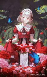 Rule 34 | 1girl, bug, butterfly, closed mouth, clothes lift, day, dress, dress lift, elu (8th costume) (nijisanji), elu (nijisanji), forest, grey hair, head tilt, highres, insect, kaoming, looking at viewer, maid headdress, medium hair, nature, neck ribbon, nijisanji, official art, outdoors, pale skin, pointy ears, puffy short sleeves, puffy sleeves, red eyes, red ribbon, red shirt, ribbon, shirt, short sleeves, smile, solo, virtual youtuber