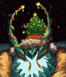 Rule 34 | 1boy, alternate costume, aqua horns, christmas lights, christmas ornaments, christmas stocking, christmas tree, crown, faceless, fate/grand order, fate (series), giant, giant male, hat, horns, ivan the terrible (fate), luboyaqqz, male focus, night, night sky, portrait, santa hat, sky, snowing, solo, tusks
