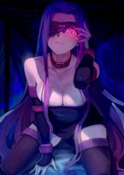 Rule 34 | 1girl, arm support, bare shoulders, black detached sleeves, black dress, black footwear, blindfold, blindfold lift, blush, boots, breasts, cleavage, collar, detached sleeves, dress, facial mark, fate/stay night, fate (series), female focus, forehead mark, glowing, glowing eyes, highres, leaning, leaning forward, lips, long hair, looking at viewer, medium breasts, medusa (fate), medusa (rider) (fate), one eye covered, parted lips, pink eyes, purple hair, rectangular pupils, seiza, shade, short dress, sidelocks, sitting, smile, solo, strapless, strapless dress, thigh boots, thighhighs, type-moon, very long hair, walzrj