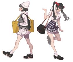 Rule 34 | 2girls, arutera, bad id, bad pixiv id, bag, black hair, bow, hair bow, hand in pocket, hat, looking at viewer, miniskirt, multiple girls, original, short hair, simple background, skirt, socks, tongue, tongue out, twintails, white background