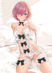 Rule 34 | 1girl, alternate costume, bare shoulders, black bow, blush, bow, breasts, commentary request, eyes visible through hair, fate/grand order, fate (series), hair over one eye, ice (ice aptx), large breasts, light purple hair, looking at viewer, mash kyrielight, navel, pillow, purple eyes, purple hair, short hair, solo, underwear