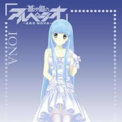 Rule 34 | 10s, 1girl, absurdres, alternate costume, aoki hagane no arpeggio, blue hair, character name, copyright name, dress, gloves, gradient background, green eyes, head tilt, highres, iona (aoki hagane no arpeggio), jishou roukyuu, long hair, looking at viewer, pale skin, simple background, smile, solo, thighhighs, translation request, white dress, white gloves, white thighhighs