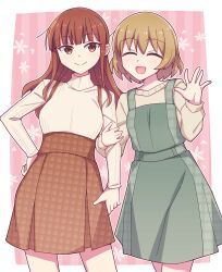 Rule 34 | 2girls, :d, blonde hair, blush, bocchi the rock!, border, brown eyes, brown hair, brown skirt, closed eyes, closed mouth, cowboy shot, dress, e20, fan 1-gou, fan 2-gou, floral background, green dress, hand on own hip, hand up, highres, locked arms, long hair, long sleeves, looking at viewer, multiple girls, open mouth, outside border, pink background, short hair, skirt, smile, standing, striped, sweater, vertical stripes, white border