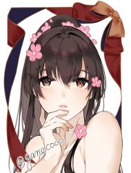 Rule 34 | 1girl, blush, breasts, brown eyes, brown hair, female focus, flower, hair flower, hair ornament, hand on own face, kantai collection, long hair, matching hair/eyes, neko (ganecooo), open mouth, pink flower, ponytail, solo, twitter username, very long hair, white background, yamato (kancolle)