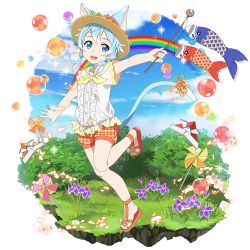 Rule 34 | 1girl, :d, animal ears, blue eyes, blue hair, blue sky, cat ears, cat tail, cloud, day, dress shirt, flower, full body, hair ribbon, hat, hat flower, highres, holding, holding wand, leg up, looking at viewer, official art, open mouth, orange flower, orange ribbon, orange shorts, outdoors, outstretched arms, plaid, plaid shorts, ribbon, shirt, short hair with long locks, short shorts, short sleeves, shorts, sidelocks, sinon (sao-alo), sky, smile, solo, standing, standing on one leg, sun hat, sword art online, tail, tail ornament, tail ribbon, transparent background, wand, white ribbon, white shirt, yellow hat, yellow neckwear
