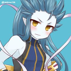 Rule 34 | &gt;:|, 1girl, :|, bad id, bad pixiv id, blue background, blue hair, blue skin, blush, closed mouth, colored skin, long hair, looking at viewer, mashiro miru, pointy ears, puzzle &amp; dragons, simple background, sleeveless, sleeveless turtleneck, solo, turtleneck, twitter username, upper body, v-shaped eyebrows, wadatsumi (p&amp;d), yellow eyes