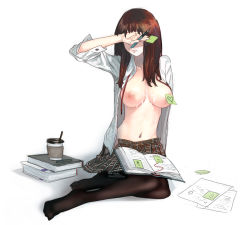 Rule 34 | 1girl, bad id, bad pixiv id, blush, book, breasts, brown hair, coffee, covering own eyes, cum, cum on body, cum on breasts, cum on upper body, dicorndl, full body, highres, large breasts, long hair, nipples, no bra, open clothes, open shirt, original, pantyhose, paper, pen, plaid, shirt, simple background, skirt, solo, sweat, white background
