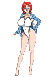 Rule 34 | 1girl, barefoot, blue jacket, boudica (fate), breasts, cleavage, competition swimsuit, fate/grand order, fate (series), full body, glasses, green eyes, highres, jacket, large breasts, long sleeves, looking at viewer, muta poo, one-piece swimsuit, open mouth, red hair, short hair, smile, solo, swimsuit, whistle, whistle around neck