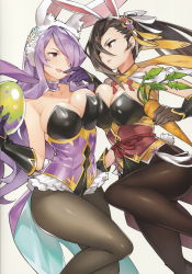Rule 34 | 2girls, alternate costume, animal ear fluff, animal ears, asymmetrical docking, bare shoulders, black gloves, breast press, breasts, brown eyes, brown hair, camilla (fire emblem), camilla (spring) (fire emblem), carrot, choker, cleavage, collarbone, easter egg, egg, eye contact, fake animal ears, fake tail, fire emblem, fire emblem fates, fire emblem heroes, flower, ge-b, gloves, hair flower, hair ornament, hair over one eye, highres, holding, kagero (fire emblem), kagero (spring) (fire emblem), large breasts, leotard, long hair, looking at another, multiple girls, nintendo, open mouth, pantyhose, playboy bunny, purple eyes, purple hair, rabbit ears, simple background, tail, very long hair, white background