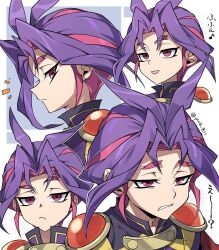 1boy antenna_hair multiple_expressions joeri_(yu-gi-oh!) male_focus multiple_views pira_811 purple_eyes purple_hair short_hair solo_focus translation_request twitter_username yu-gi-oh! yu-gi-oh!_arc-v