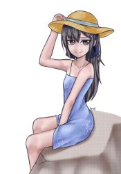 Rule 34 | 1girl, artist name, bad id, bad pixiv id, bare shoulders, between legs, black hair, bow, collarbone, dorei to no seikatsu ~teaching feeling~, dress, floral print, grey eyes, hair bow, hair ornament, hairclip, hand between legs, hand on headwear, hat, long hair, looking at viewer, no scar, signature, simple background, sitting, smile, solo, spaghetti strap, sret, sun hat, sundress, sylvie (dorei to no seikatsu), white background