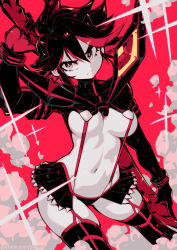 Rule 34 | black hair, black skirt, black thighhighs, breasts, closed mouth, commentary, english commentary, highres, holding, holding sword, holding weapon, kill la kill, looking at viewer, matoi ryuuko, medium breasts, miniskirt, multicolored hair, parororo, patreon username, red background, red hair, revealing clothes, senketsu, short hair, skirt, solo, sword, thighhighs, two-tone hair, weapon