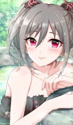 Rule 34 | 1girl, black towel, blush, breasts, cleavage, collarbone, grey hair, highres, idolmaster, idolmaster cinderella girls, kanzaki ranko, light smile, looking at viewer, medium breasts, naked towel, onsen, outdoors, parted lips, partially submerged, popon ta, red eyes, solo, towel, twintails, water drop