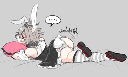Rule 34 | alternate costume, animal ears, apron, ass, closed mouth, crossdressing, enmaided, fake animal ears, fate/apocrypha, fate (series), frills, from behind, grey background, haoro, hugging object, looking at viewer, looking back, lying, maid, maid apron, male focus, male playboy bunny, panties, pillow, pillow hug, rabbit ears, red eyes, sieg (fate), simple background, solo, striped clothes, striped panties, underwear, white apron