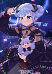 Rule 34 | 1girl, :o, animal, arm up, black bow, black bowtie, black dress, blue eyes, blue hair, blush, bow, bowtie, brown skirt, commentary, commission, copyright request, crown, double bun, dress, ear piercing, english text, frilled dress, frills, gem, hair bun, holding, holding gem, horns, long sleeves, looking away, mini crown, parted lips, piercing, pointy ears, puffy long sleeves, puffy sleeves, see-through, see-through sleeves, sheep, sidelocks, skeb commission, skirt, sleeves past wrists, solo, sparkling eyes, thighhighs, twitter username, white thighhighs, yamabukiiro