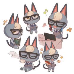 Rule 34 | 1boy, :&lt;, :d, animal crossing, animal ears, black-framed eyewear, book, cat boy, cat ears, cat tail, closed eyes, coffee cup, cup, disposable cup, eating, fangs, furry, furry male, glasses, green eyes, heterochromia, highres, joy-con, long sleeves, male focus, multiple views, musical note, nintendo, nintendo switch, no humans, open mouth, raymond (animal crossing), reading, simple background, sitting, smile, sofra, solo, standing, tail, vest, white background, yellow eyes