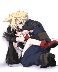 Rule 34 | 1boy, 1girl, absurdres, armor, baggy pants, black hair, black skirt, blonde hair, blue eyes, blue pants, blue sweater, blush, boots, boy on top, breasts, chaotic dragon, cloud strife, commentary request, crop top, final fantasy, final fantasy vii, full body, gloves, hair between eyes, highres, kabedon, kneeling, large breasts, long hair, looking at viewer, midriff, miniskirt, open mouth, pants, red eyes, red footwear, red gloves, shoulder armor, sitting, skirt, sleeveless, sleeveless turtleneck, spiked hair, suspender skirt, suspenders, sweatdrop, sweater, tank top, tifa lockhart, turtleneck, turtleneck sweater, very long hair, white tank top