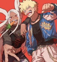 Rule 34 | 1boy, 1girl, animal ears, arm on another&#039;s shoulder, bakugou katsuki, belt, black shirt, blonde hair, blue jacket, boku no hero academia, breasts, carrot, choker, crescent, crescent necklace, cross-laced clothes, cross-laced top, dark-skinned female, dark skin, fingernails, food in mouth, hair between eyes, hand in pocket, highres, jacket, jewelry, kawaharaaisu, large breasts, long eyelashes, long hair, looking at viewer, mirko, necklace, pants, parted bangs, rabbit ears, rabbit girl, red background, red eyes, see-through, see-through shirt, shirt, short hair, smile, spiked choker, spiked hair, spikes, teeth, tongue, tongue out, uneven eyes, v, v-shaped eyebrows, very long hair, white hair