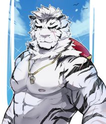 Rule 34 | 1boy, abs, alternate costume, animal ears, arknights, bad id, bad twitter id, bara, bare pectorals, furry, furry male, highres, large pectorals, lifeguard, male focus, mountain (arknights), muscular, muscular male, nipples, pectorals, sak (sakarov ), scar, scar across eye, scar on chest, scar on face, short hair, smile, solo, stomach, tiger boy, tiger ears, upper body, whistle, whistle around neck, white fur, white hair