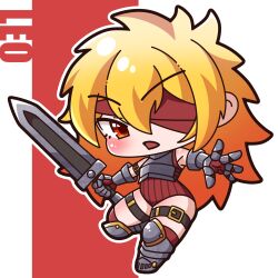 Rule 34 | 1girl, absurdres, armor, armored boots, bare shoulders, belt, black belt, blonde hair, blush, boots, breastplate, character name, chibi, commentary request, full body, gauntlets, hair between eyes, highres, holding, holding sword, holding weapon, knee boots, leotard, looking at viewer, one eye covered, open mouth, original, outline, over-kneehighs, red background, red eyes, red leotard, red thighhighs, ribbed leotard, saishosaisekojo, solo, sword, thigh belt, thigh strap, thighhighs, thighhighs under boots, two-tone background, weapon, white background, white outline