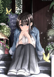 Rule 34 | 1girl, black hair, black skirt, blue eyes, blue jacket, blush, bug, butterfly, closed mouth, day, denim, denim jacket, door, earclip, flower pot, full body, fuu (fuore), highres, insect, jacket, jacket on shoulders, jewelry, long hair, long skirt, looking at viewer, necklace, original, outdoors, own hands together, plant, potted plant, shirt, shoes, short sleeves, sidelocks, sitting, skirt, sneakers, solo, stairs, white footwear, white shirt, wristband