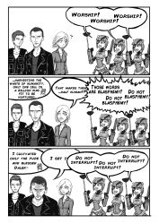 Rule 34 | comic, dalek, doctor who, jack harkness, jacket, leather, leather jacket, monochrome, multiple girls, ninth doctor, personification, rose tyler, short hair, teeth