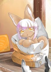 Rule 34 | 1other, animal ears, bag, blush, brown fur, character name, commentary request, furry, horizontal pupils, in bag, in container, light particles, looking at viewer, made in abyss, made in abyss runes, midori no iruka, nanachi (made in abyss), nose blush, nude, other focus, paper bag, parted lips, purple hair, short hair, solo, tail, textless version, tongs, triangle mouth, whiskers, yellow eyes