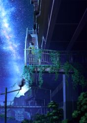 Rule 34 | black legwear, black shirt, bridge, commentary request, grey skirt, highres, jacket, lamppost, looking away, looking to the side, mocha (cotton), night, night sky, open clothes, open jacket, original, outdoors, overgrown, pleated skirt, railing, ruins, scenery, shirt, skirt, sky, socks, stairs, standing, star (sky), starry sky, yellow jacket