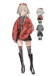 Rule 34 | 1girl, absurdres, black footwear, black skirt, black thighhighs, blush, boots, chibi, closed mouth, grey hair, hair over one eye, hat, highres, jacket, knee boots, logknn, long sleeves, looking at viewer, multiple views, open clothes, open jacket, original, pleated skirt, purple eyes, red headwear, red jacket, short hair with long locks, simple background, skirt, thighhighs, white background